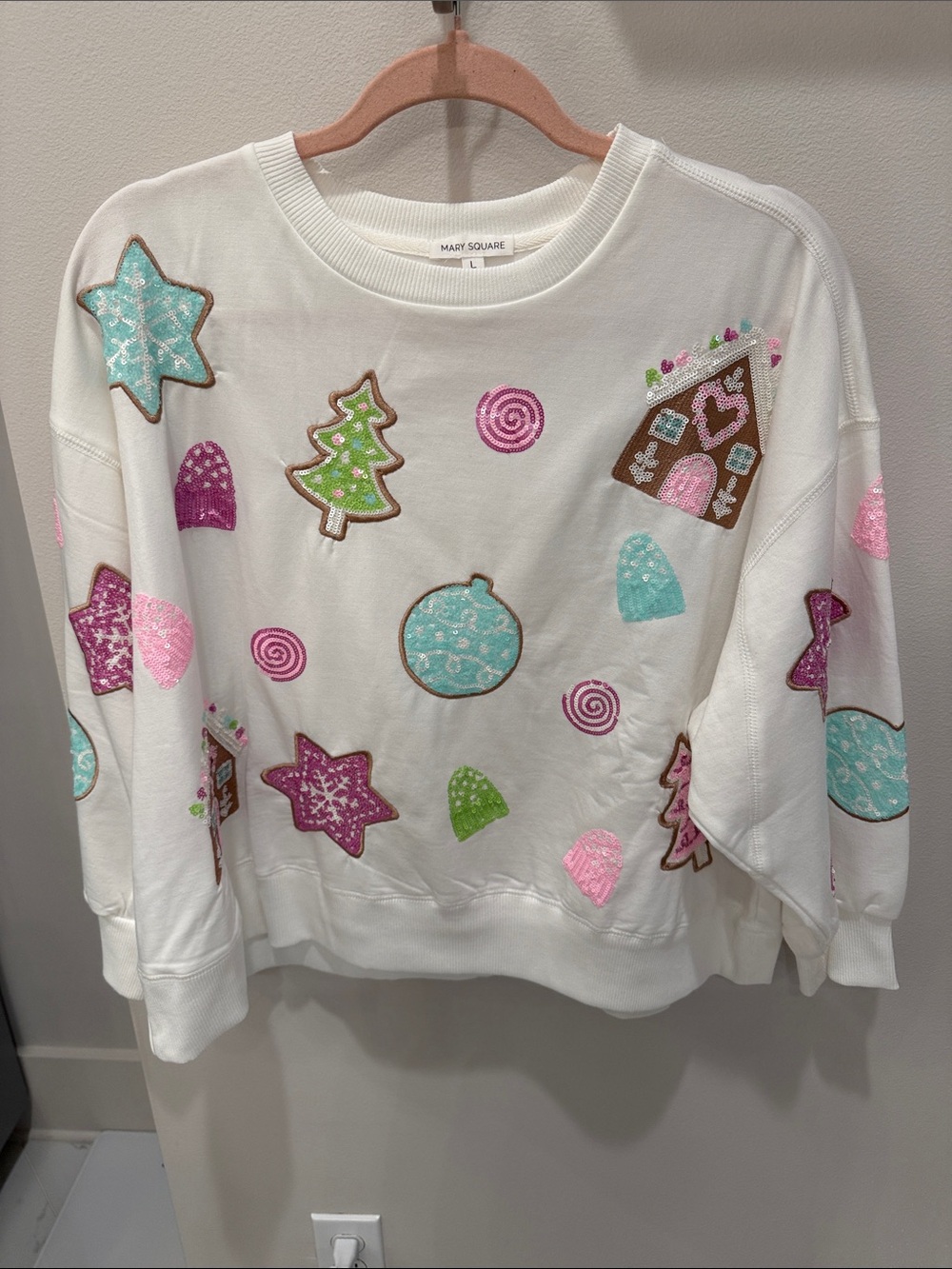 Mary Square White Holiday Embroidered Sweatshirt